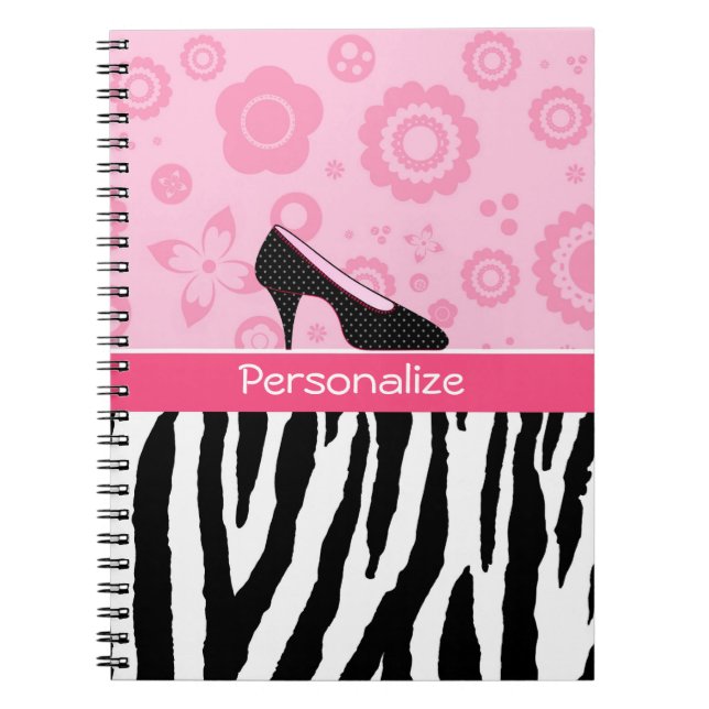 Trendy Zebra Girly Pink Shoes With Name Notebook (Front)
