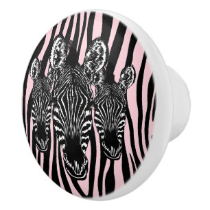 Trendy Zebra Herd on Zebra Print Pink Ceramic Knob