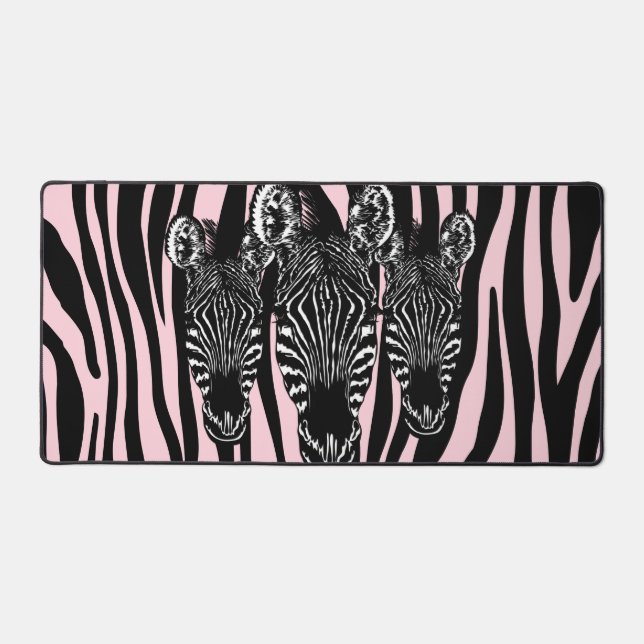 Trendy Zebra Herd on Zebra Print Pink Desk Mat (Front)
