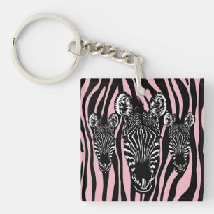 Trendy Zebra Herd on Zebra Print Pink Keychain