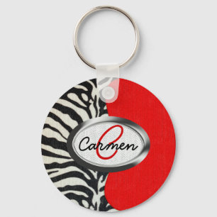 Trendy Zebra Print and Neon Red Monogram Keychain