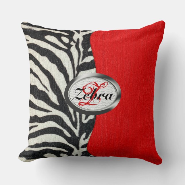 Trendy Zebra Print and Neon Red Monogram Throw Pillow (Front)
