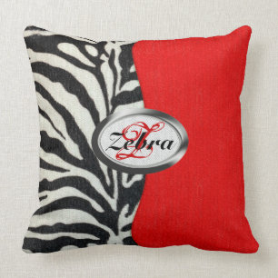 Trendy Zebra Print and Neon Red Monogram Throw Pillow