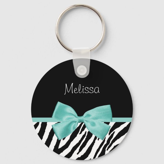 Trendy Zebra Print Aqua Mint Ribbon With Name Keychain (Front)