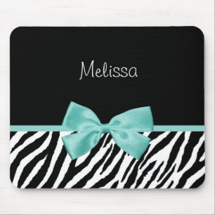 Trendy Zebra Print Aqua Mint Ribbon With Name Mouse Pad