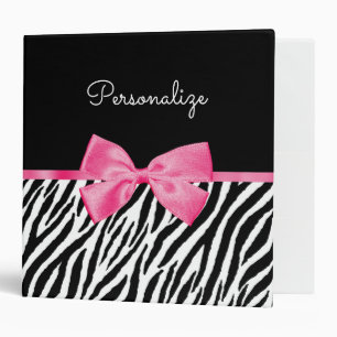 Trendy Zebra Print Chic Hot Pink Bow and Name Binder
