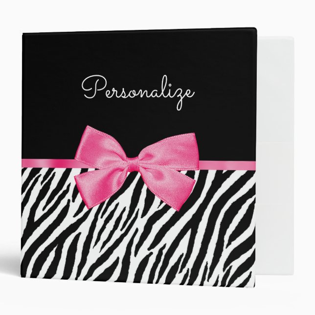 Trendy Zebra Print Chic Hot Pink Bow and Name Binder (Front/Inside)