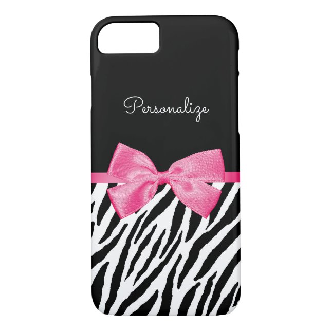 Trendy Zebra Print Chic Hot Pink Bow and Name Case-Mate iPhone Case (Back)