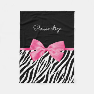 Trendy Zebra Print Chic Hot Pink Bow and Name Fleece Blanket