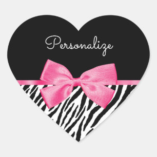 Trendy Zebra Print Chic Hot Pink Bow and Name Heart Sticker