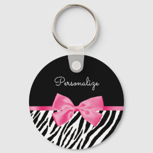 Trendy Zebra Print Chic Hot Pink Bow and Name Keychain