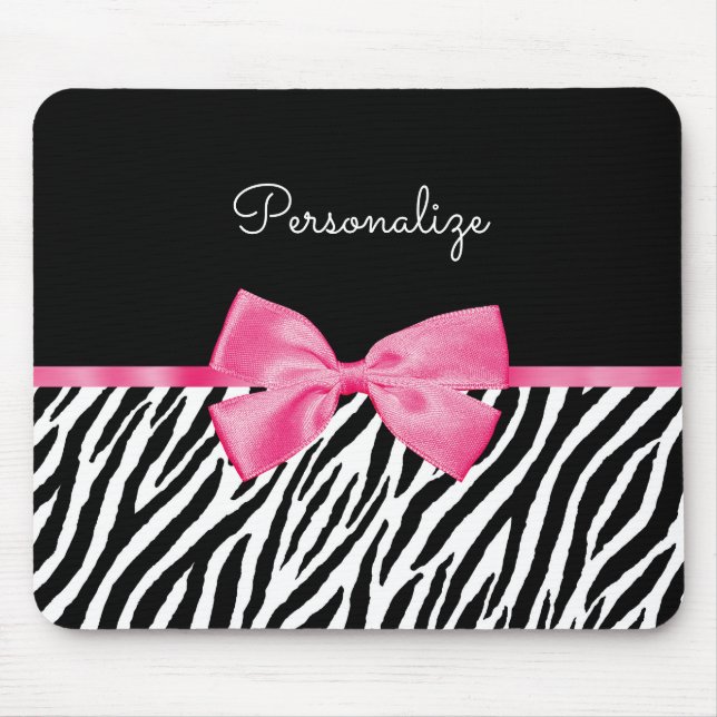 Trendy Zebra Print Chic Hot Pink Bow and Name Mouse Pad (Front)