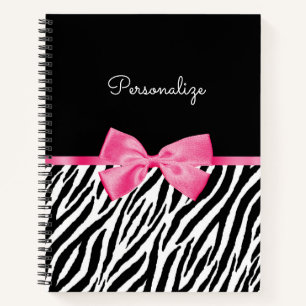 Trendy Zebra Print Chic Hot Pink Bow and Name Notebook