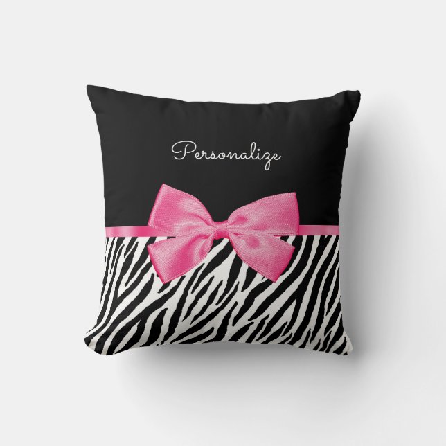 Trendy Zebra Print Chic Hot Pink Bow and Name Throw Pillow (Front)