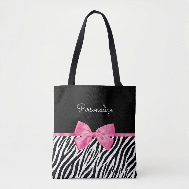 Trendy Zebra Print Chic Hot Pink Bow and Name Tote Bag (Front)