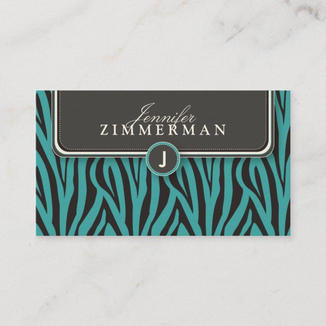 Trendy Zebra Print Designer Business Card: Aqua Business Card (Front)