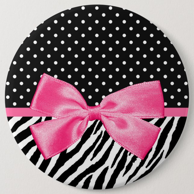 Trendy Zebra Print Polka Dots and Chic Pink Ribbon 6 Inch Round Button (Front)