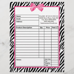 Trendy Zebra Print With Chic Pink Bow Order Form Letterhead