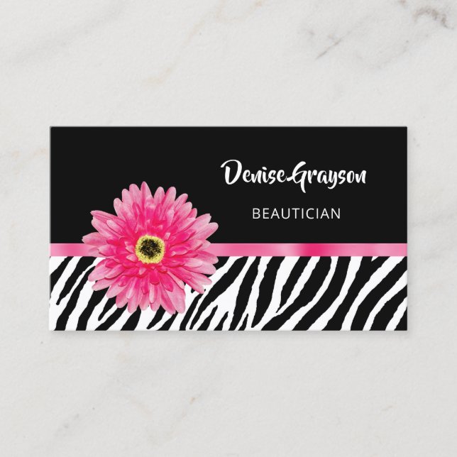 Trendy Zebra Print With Pink Gerbera Daisy Flower Business Card (Front)
