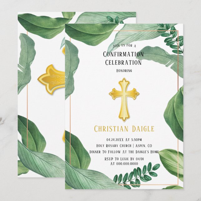 Trendygreenery Gold Cross Confirmation Celebration Invitation (Front/Back)