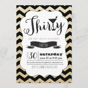 Trente Black & Gold Chevron Invitation d'anniversa