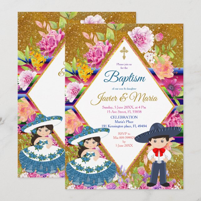 Tres Anos Navy Mexican Fiesta Baptism Invitation (Front/Back)
