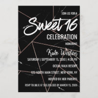 Tres Chic Black Geometric Marble Gold Sweet 16