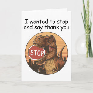 trex biting on stop sign card