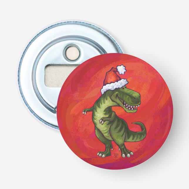 TRex Dino in Santa Hat on Red Bottle Opener (Front)