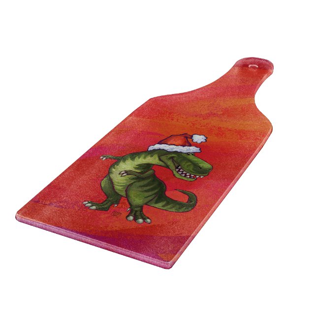 TRex Dino in Santa Hat on Red Cutting Board (Corner)