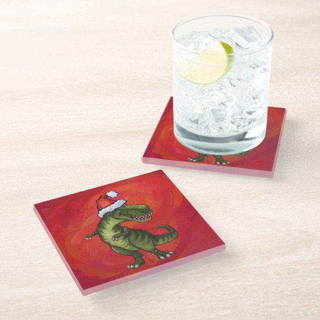 TRex Dino in Santa Hat on Red Glass Coaster (Angled)