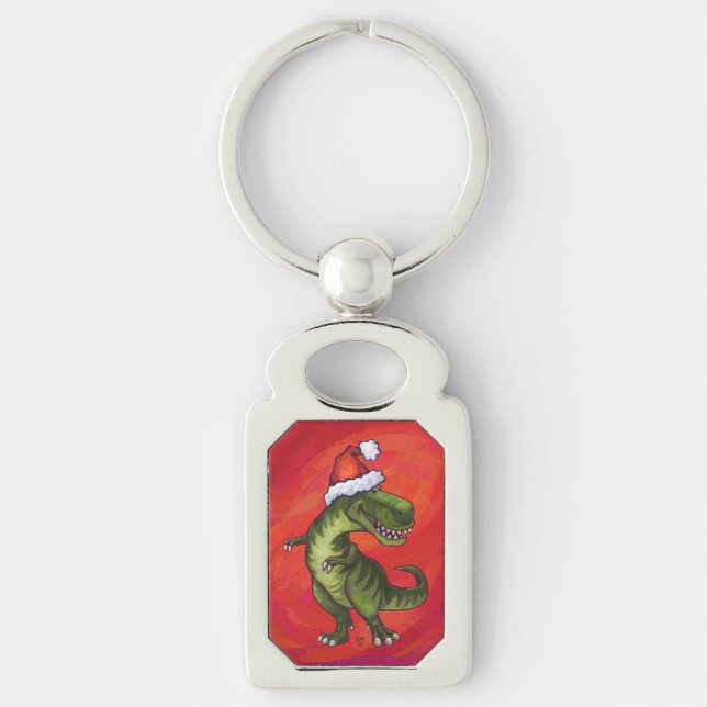 TRex Dino in Santa Hat on Red Keychain (Front)