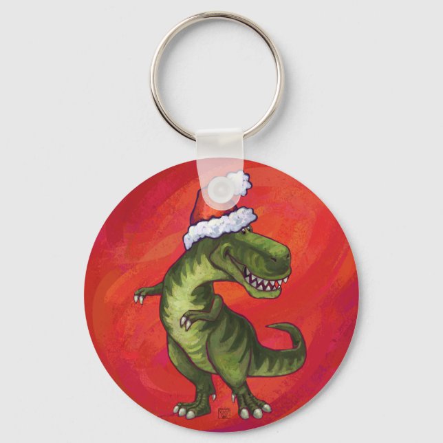 TRex Dino in Santa Hat on Red Keychain (Front)
