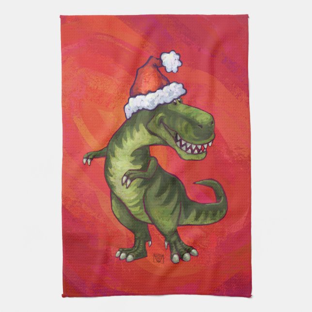 TRex Dino in Santa Hat on Red Kitchen Towel (Vertical)
