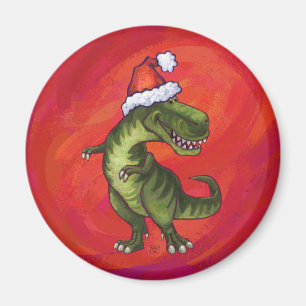 TRex Dino in Santa Hat on Red Magnet