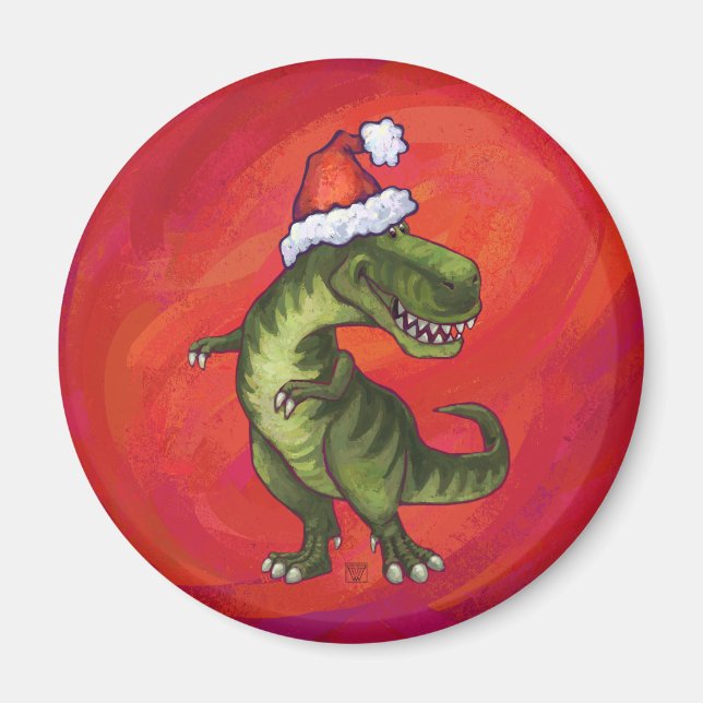 TRex Dino in Santa Hat on Red Magnet (Front)