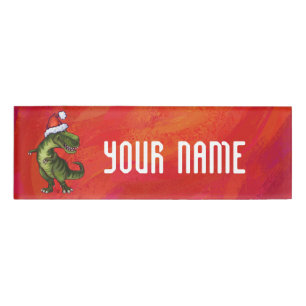 TRex Dino in Santa Hat on Red Name Tag