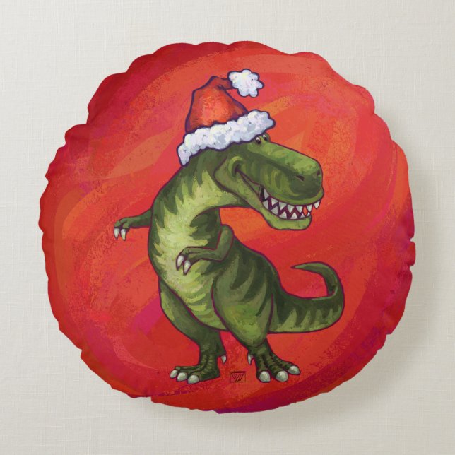 TRex Dino in Santa Hat on Red Round Pillow (Front)
