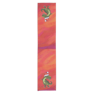 TRex Dino in Santa Hat on Red Short Table Runner