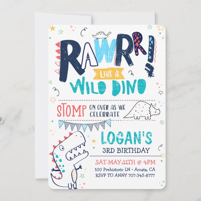 TREX Dinosaur Invitation Anniversaire Roar Wild DI (Devant)