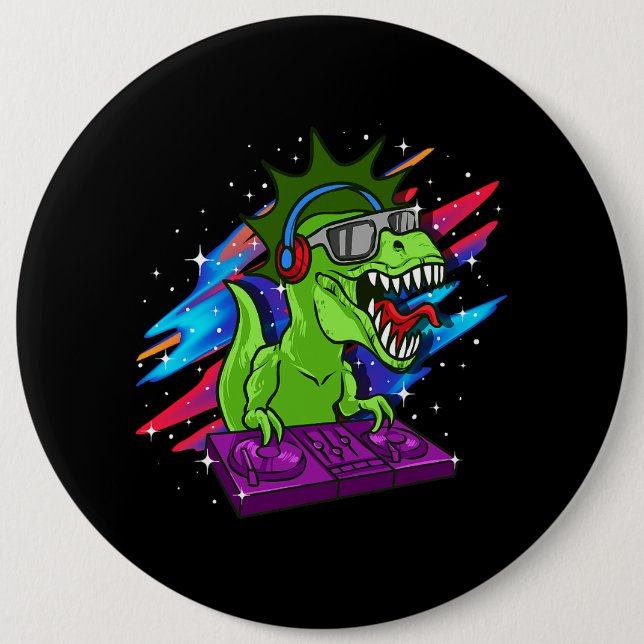 TRex DJ Dinosaur Party Club Disc Jockey EDM Music  6 Inch Round Button (Front)