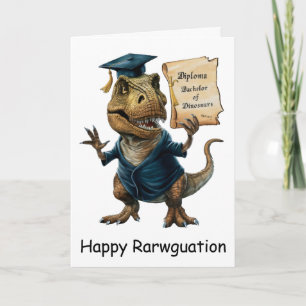 Trex in cap and gown holding diploma card