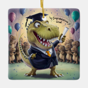 Trex in cap and gown holding diploma ceramic ornament