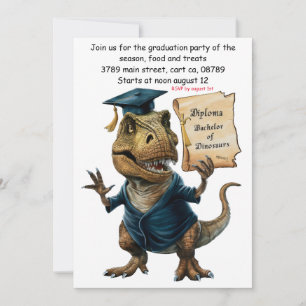 Trex in cap and gown holding diploma invitation