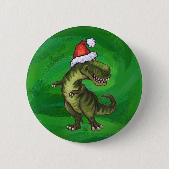TRex in Santa Hat on Green 2 Inch Round Button (Front)