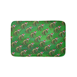 TRex in Santa Hat on Green Bath Mat