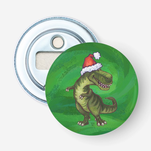 TRex in Santa Hat on Green Bottle Opener (Front)