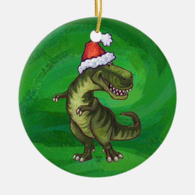 TRex in Santa Hat on Green Ceramic Ornament (Front)