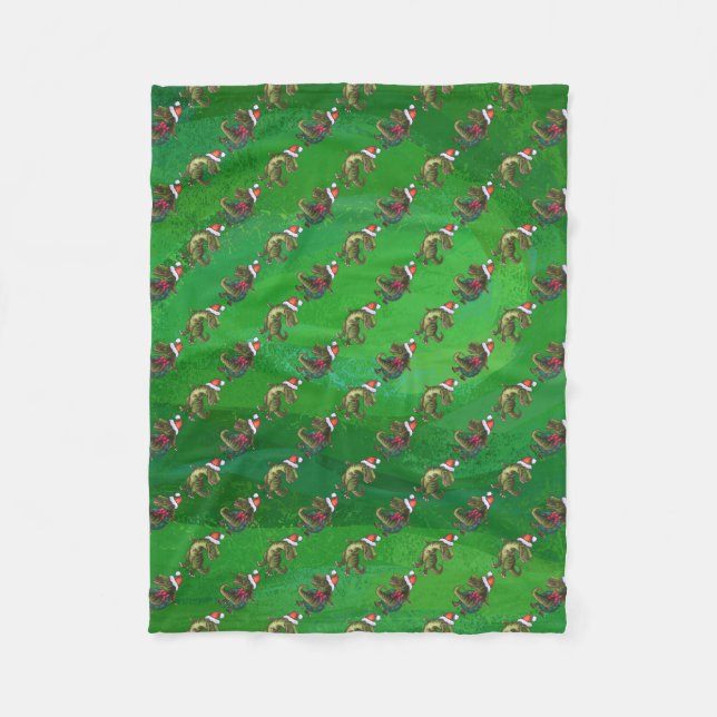 TRex in Santa Hat on Green Fleece Blanket (Front)