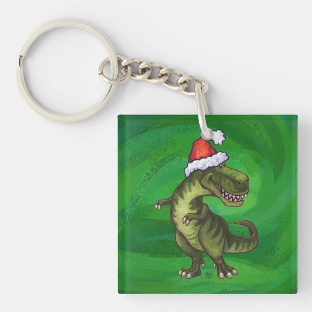 TRex in Santa Hat on Green Keychain (Front)